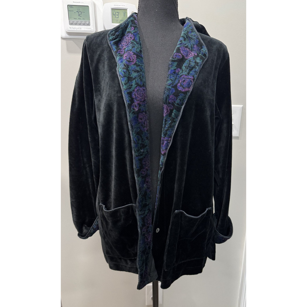 Vintage Talbots Black Velvet Floral Tapestry Jacket Cardigan Blazer 90s Small